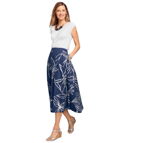 RSVP Talbots Navy Blue Silver FLORAL PLEATED FULL SKIRT MIDI Size 2 - Picture 3 of 9